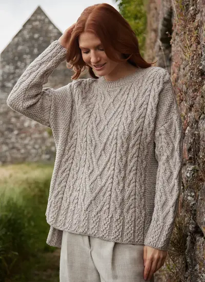 Supersoft Merino Wool Aran Trellis Boxy Sweater in Toasted Oat 